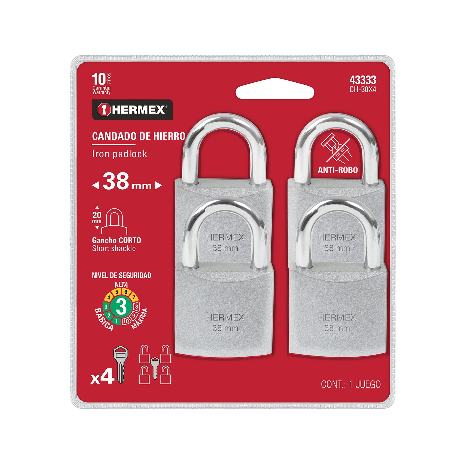 CANDADOS DE HIERRO 38 MM 4 PIEZAS CH-38X4