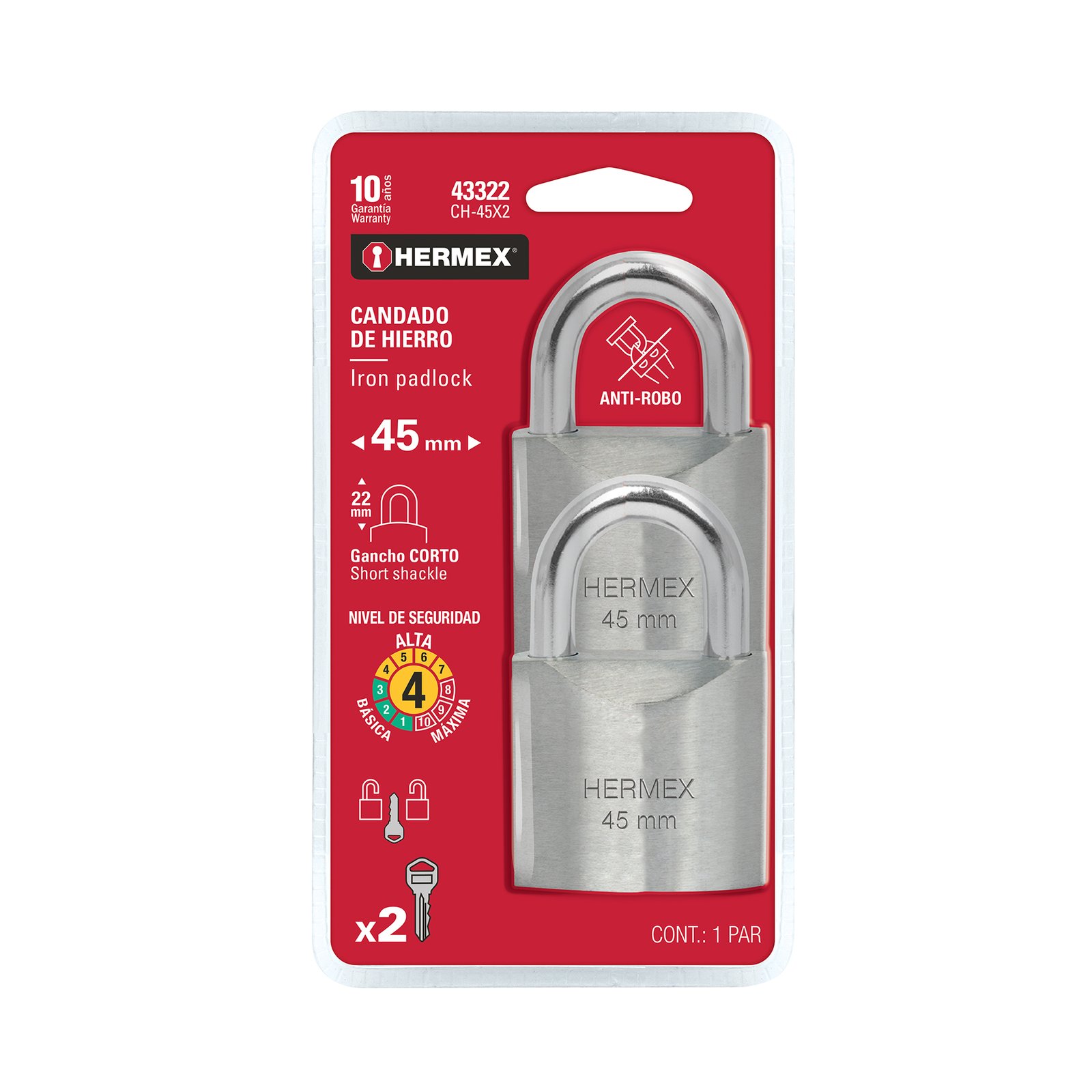 CANDADO BLISTER 2 HIERRO 45MM GAN LARGO CH-45X2