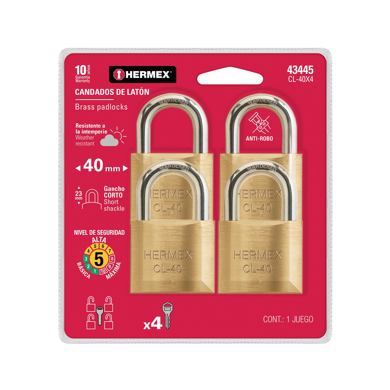 CANDADO BLISTER 4 LATON 40MM CORTO CL-40X4 HERMEX
