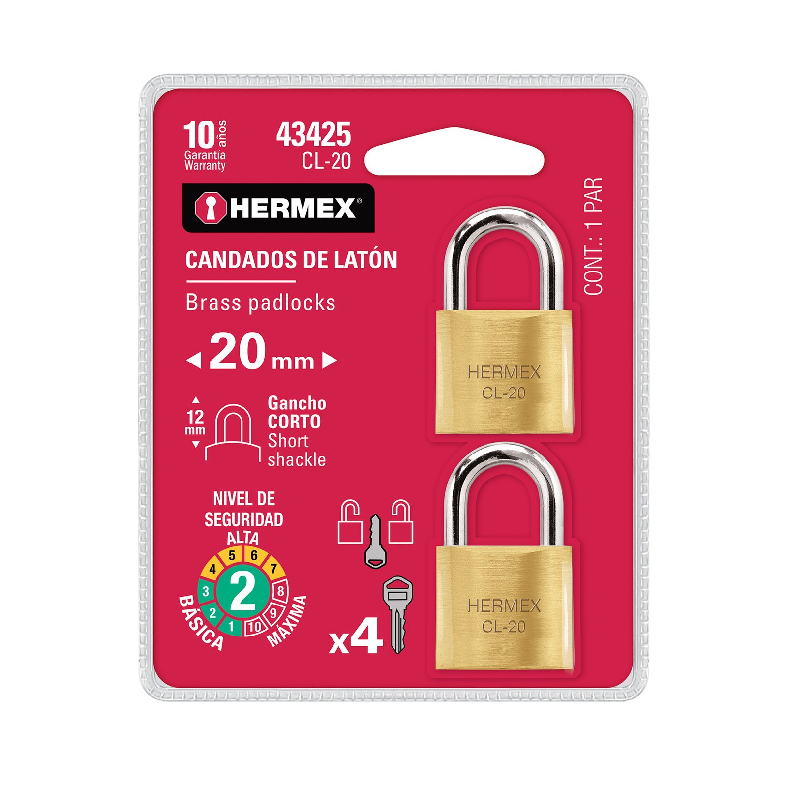 CANDADO SEG 20mm LATON 2pXBLT CL-20 HERMEX-TRUPER