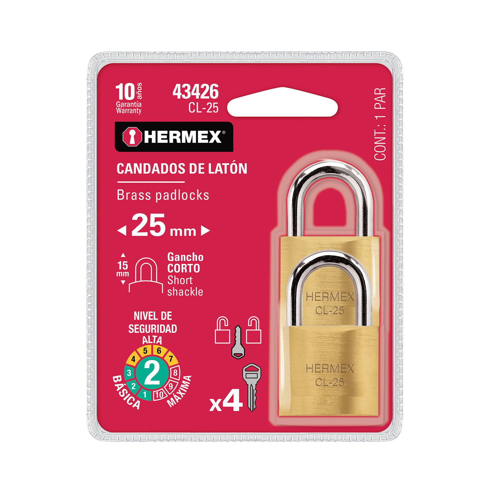 CANDADO SEG 25mm LATON 2pXBLT CL-25 HERMEX-TRUPER