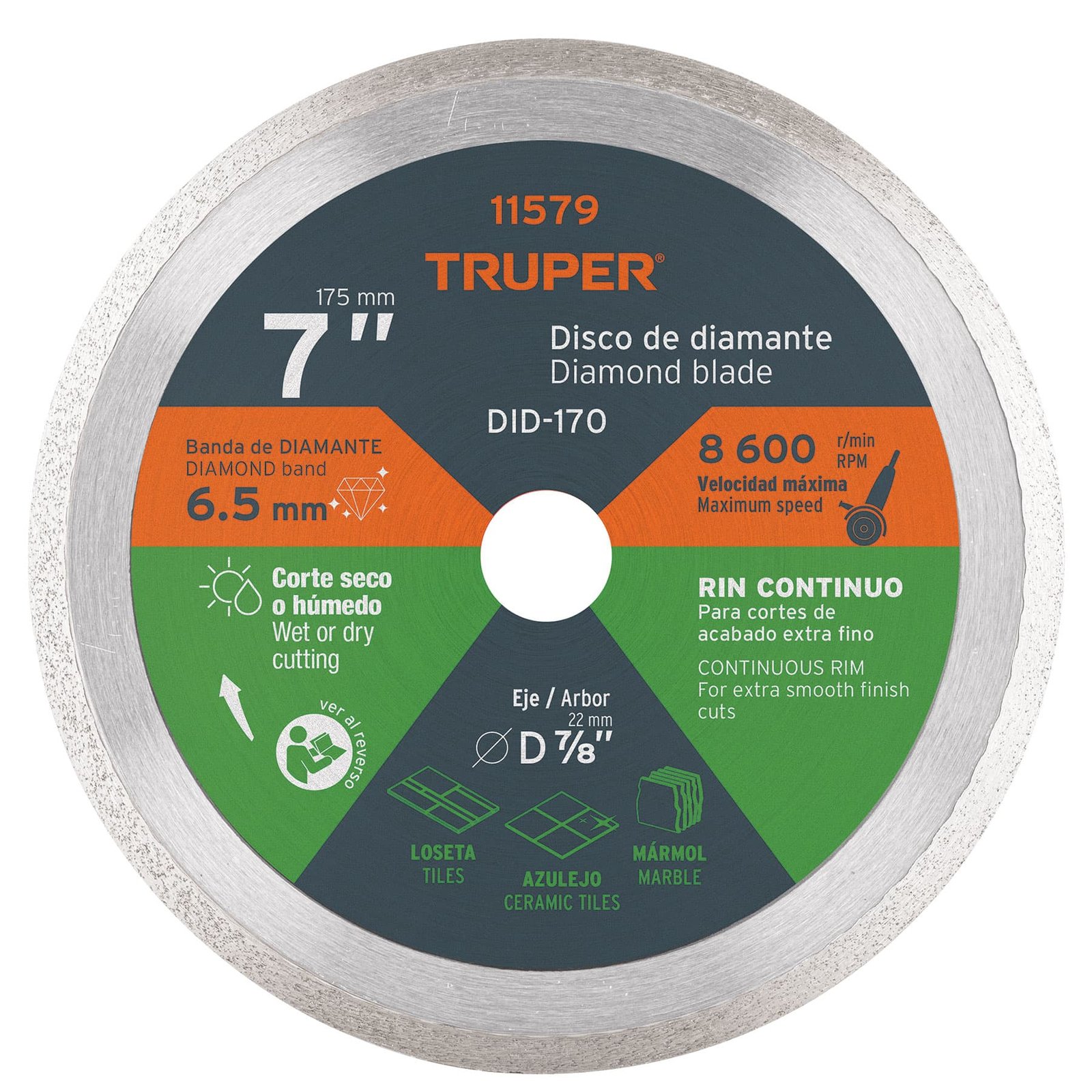 DISCO DIAMANTE LISO 7"X7/8" DID-170 TRUPER