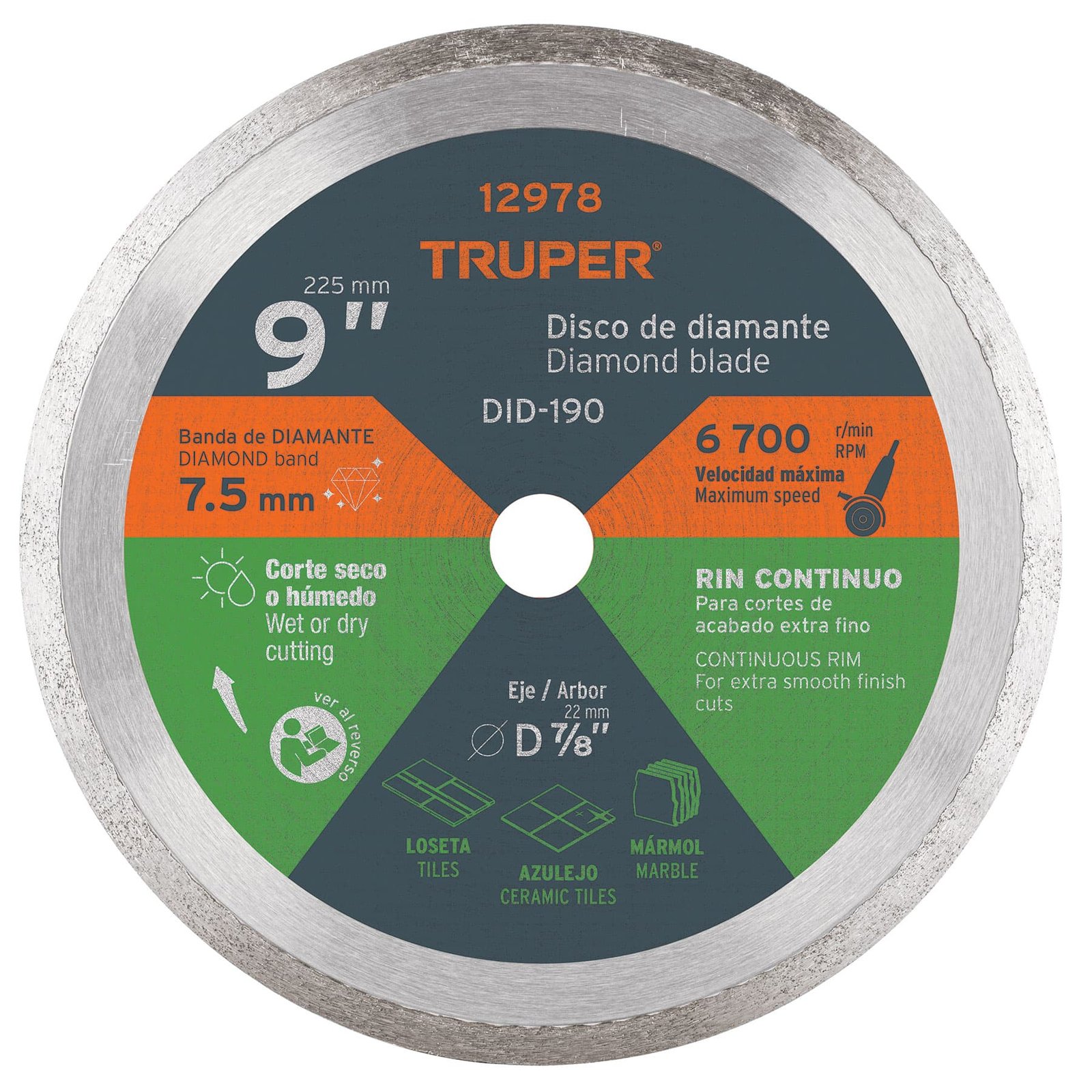 DISCO DIAMANTE LISO 9"X7/8" DID-190 TRUPER