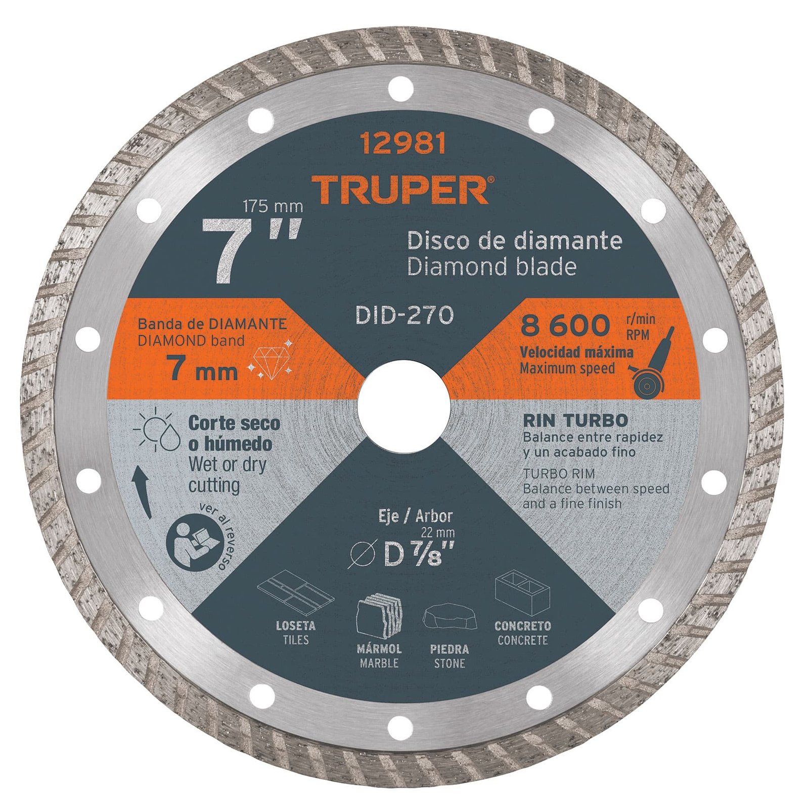 DISCO DIAMANTE TURBO 7"X7/8" DID-270 TRUPER
