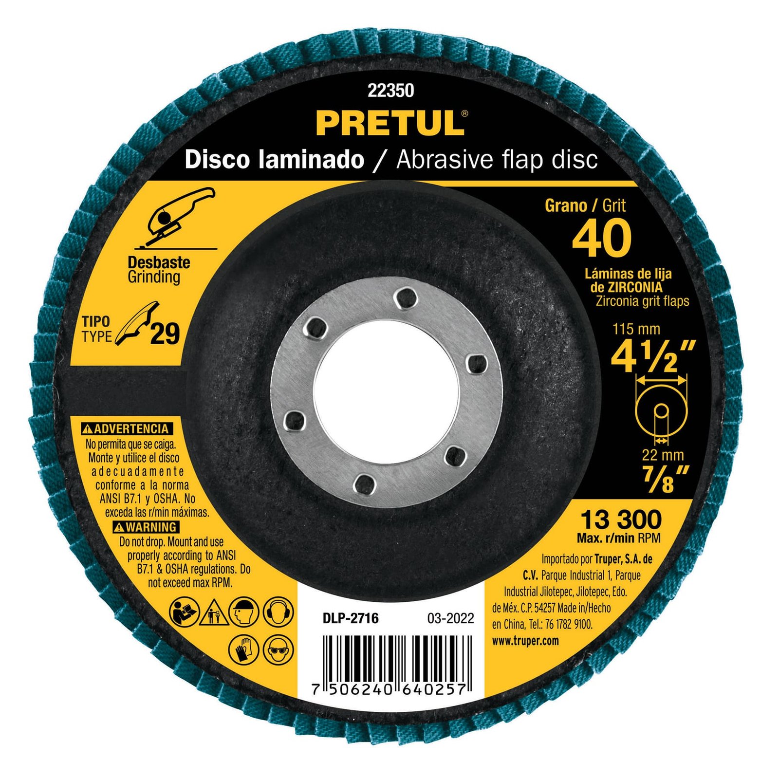DISCO FLAP 4-1/2" GRANO 40 DLP-2716 PRETUL