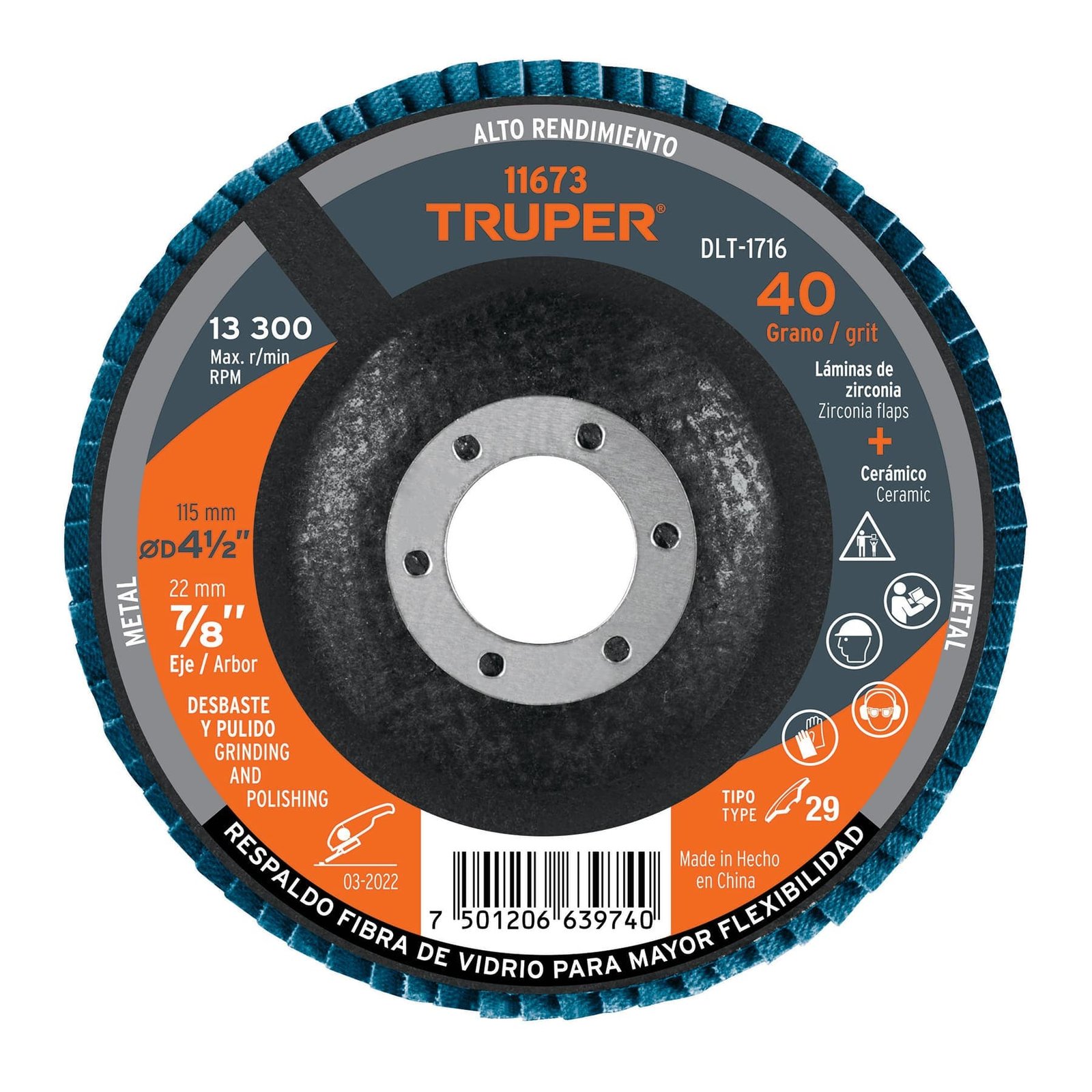 DISCO FLAP 4 1/2"X7/8" GRANO 40 DLT-1716 TRUPER