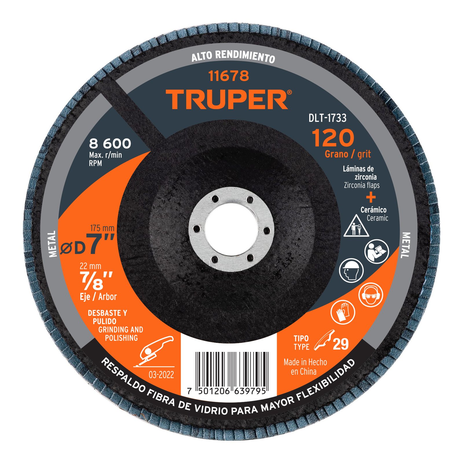 DISCO FLAP 7"X7/8" GRANO 120 DLT-1733 TRUPER
