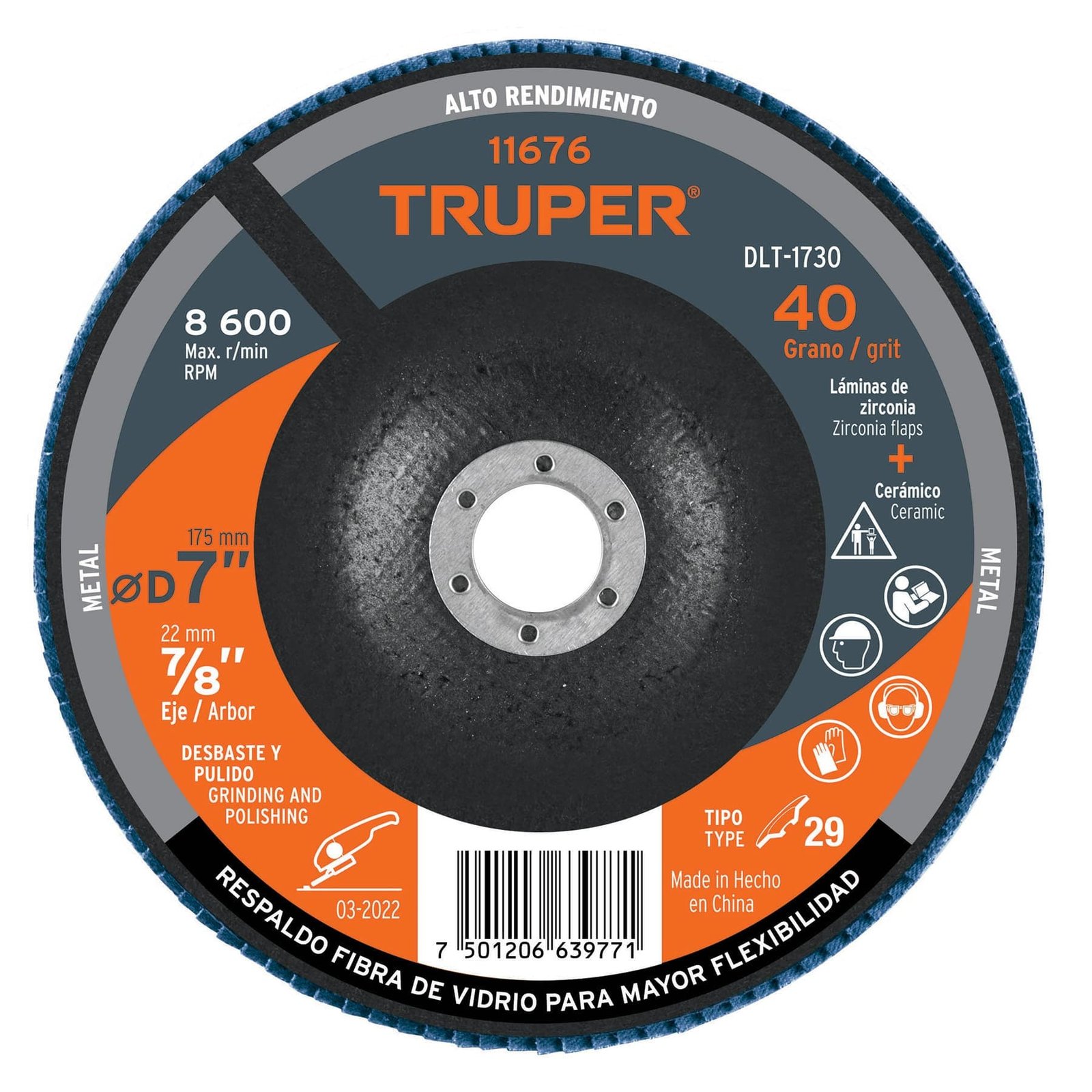 DISCO FLAP 7"X7/8" GRANO 40 DLT-1730 TRUPER