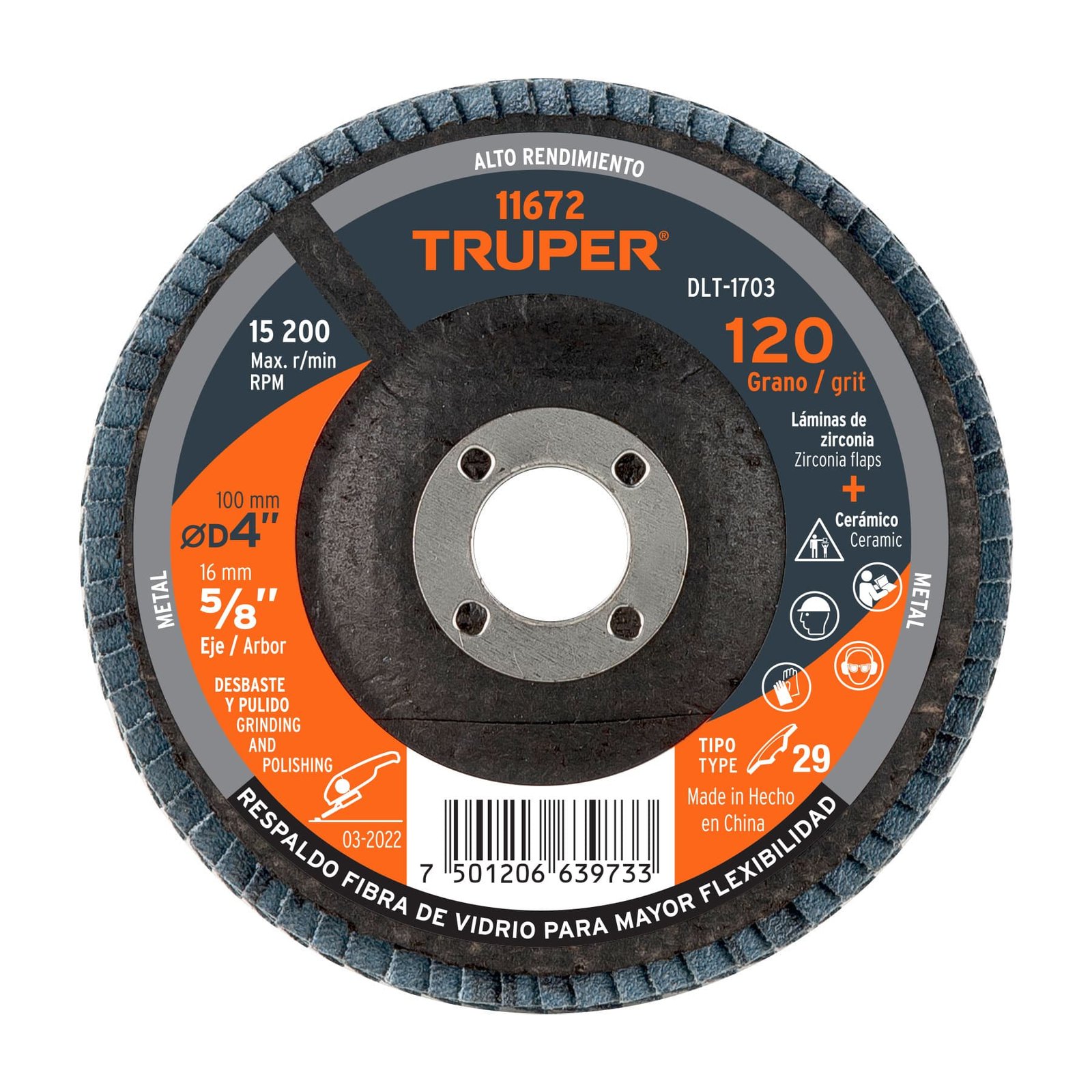 DISCO LAMINADO 4" GRANO 120 CENTRO 5/8" DLT-1703