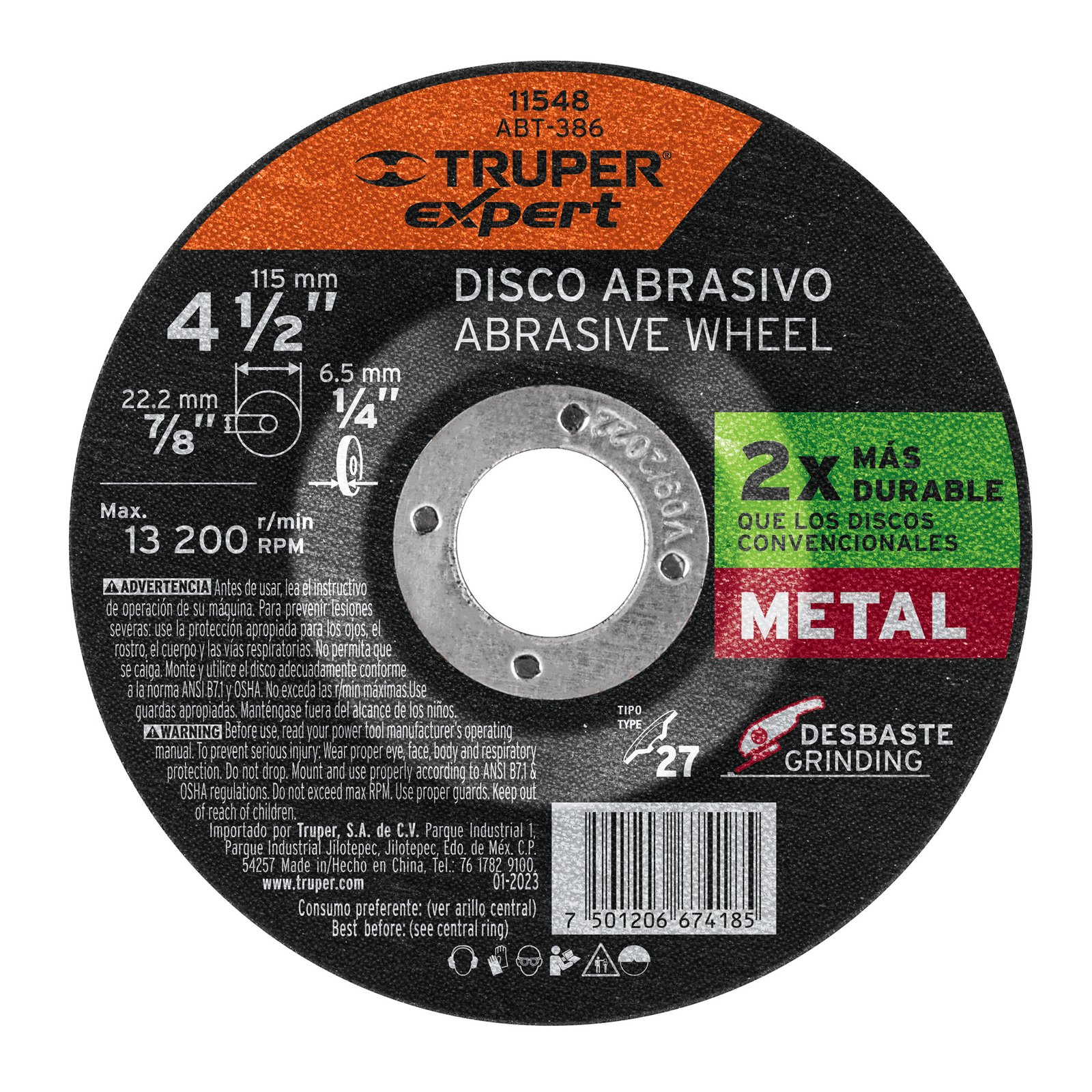 DISCO P/DESBASTE METAL 4-1/2" ALTO RENDIMI ABT-386