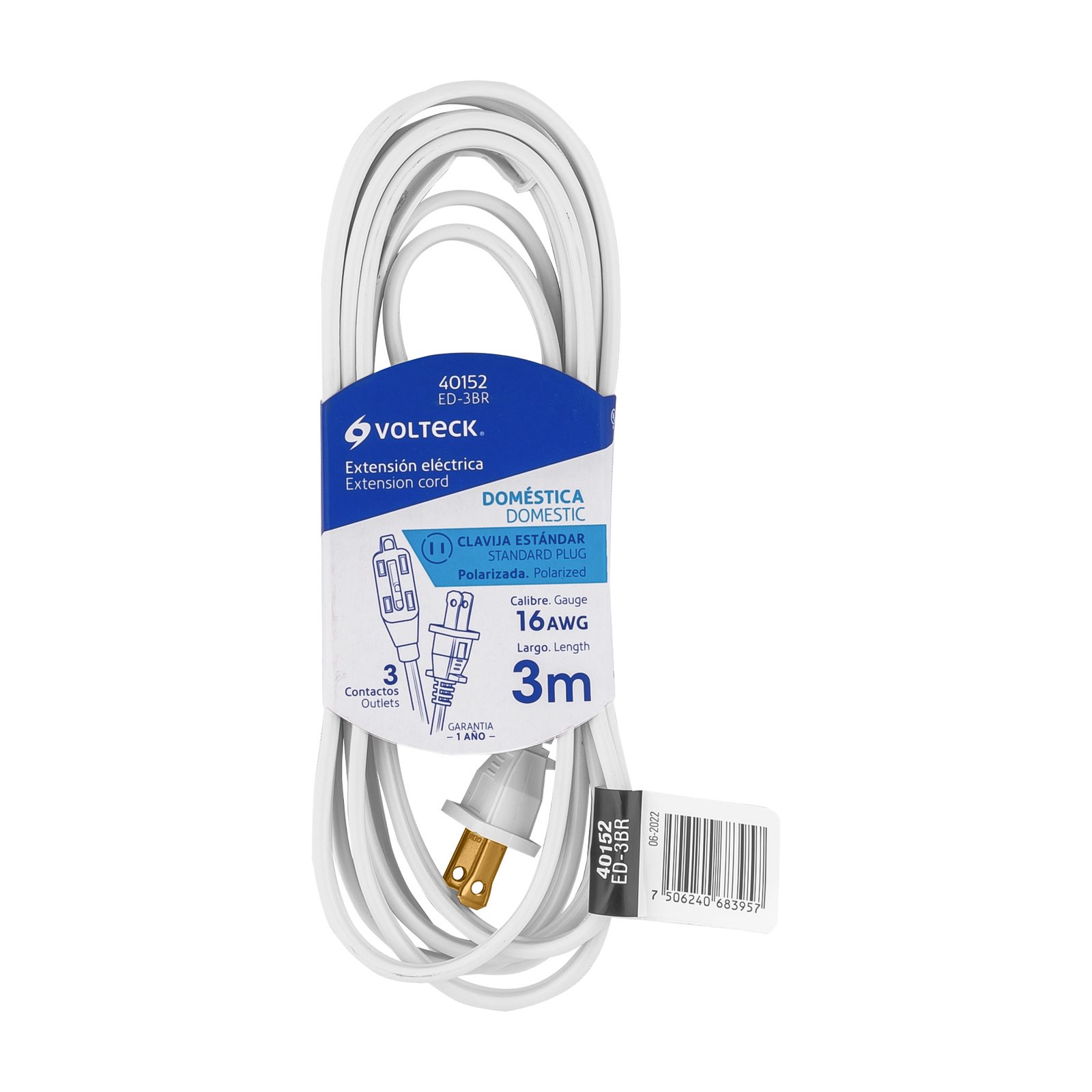 EXTENSION ELECT BL CLAVIJA RECTA 3M ED-3BR VOLTECH