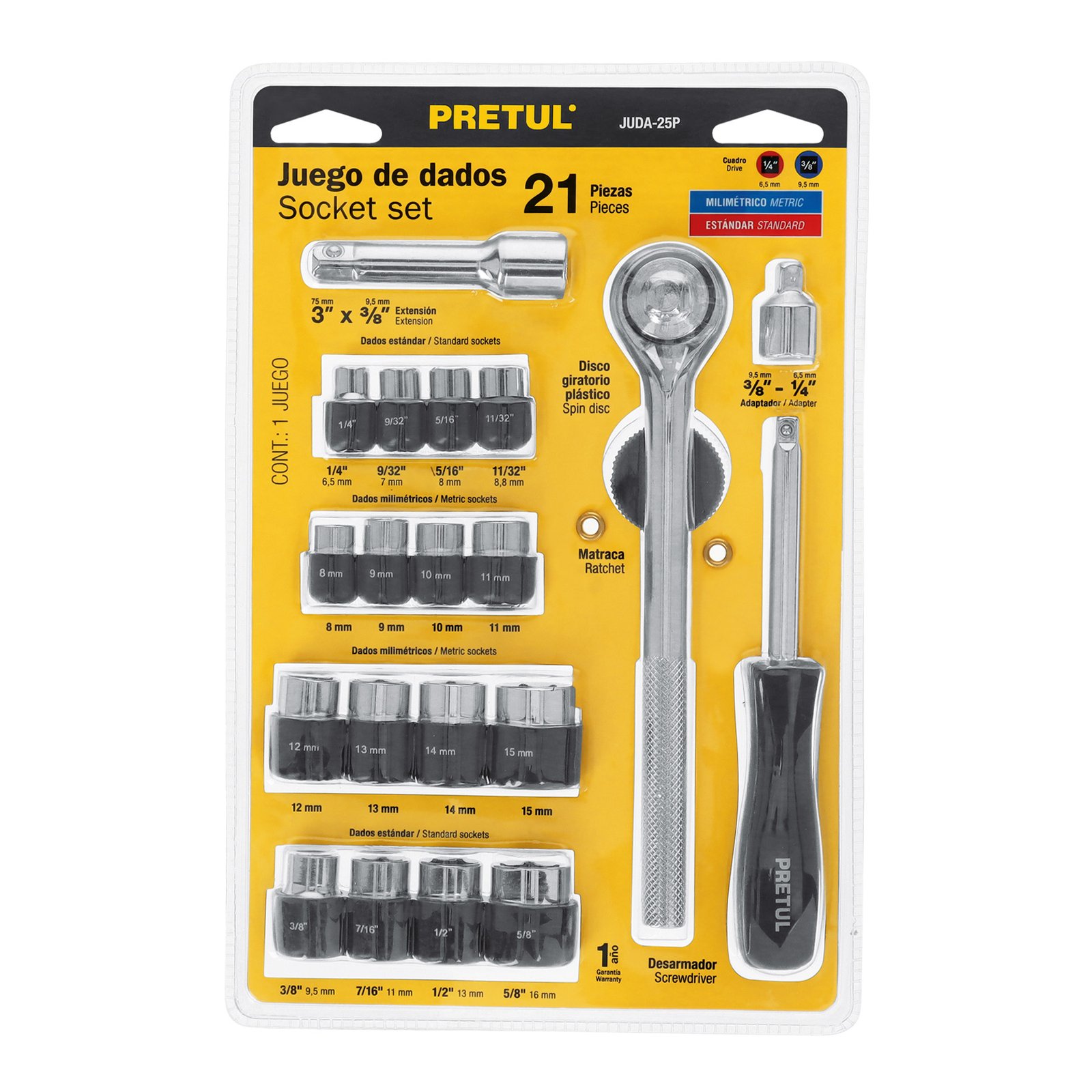 JGO.DADOS CUADRO 1/4 Y 3/8" 25 PZ JUDA-25P PRETUL